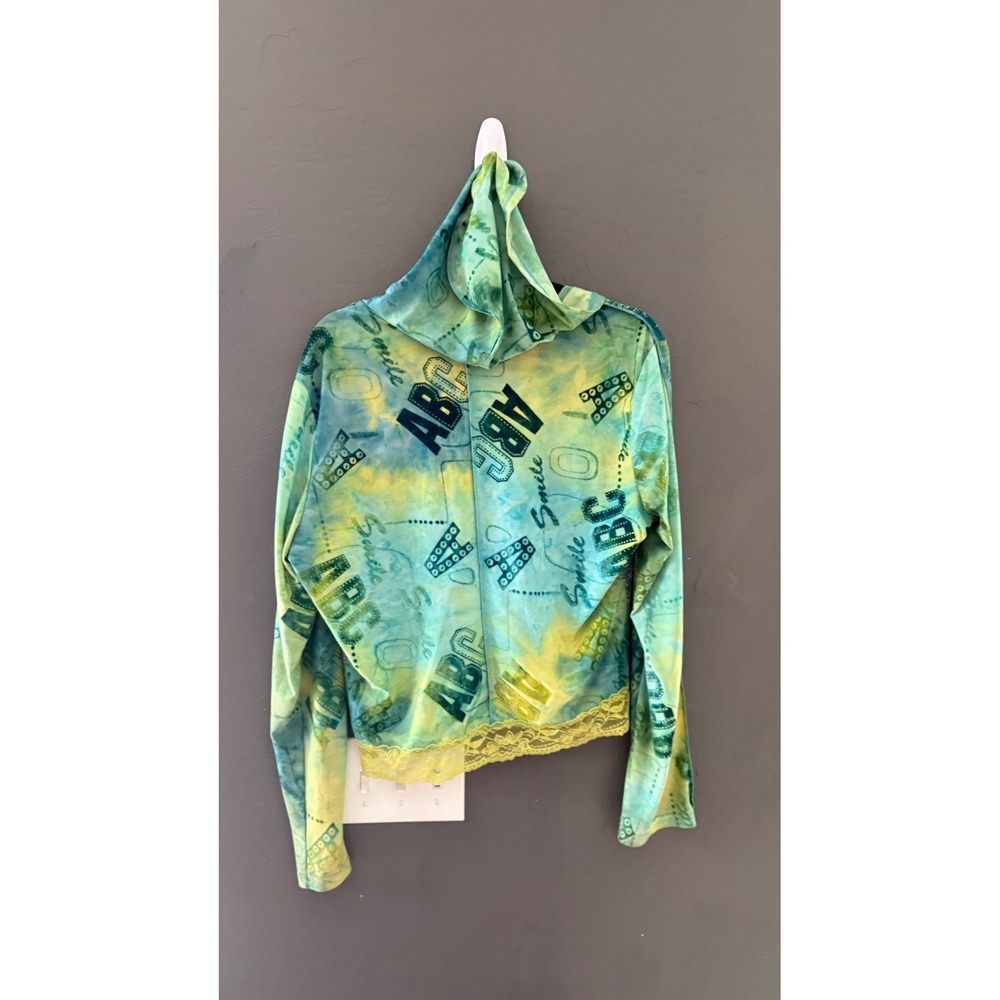 Jaipur Womens‎ Y2K Mesh Paisley Tie Dye Zip Up Hoodie Lace Rosette Turquoise L - Picture 5 of 9